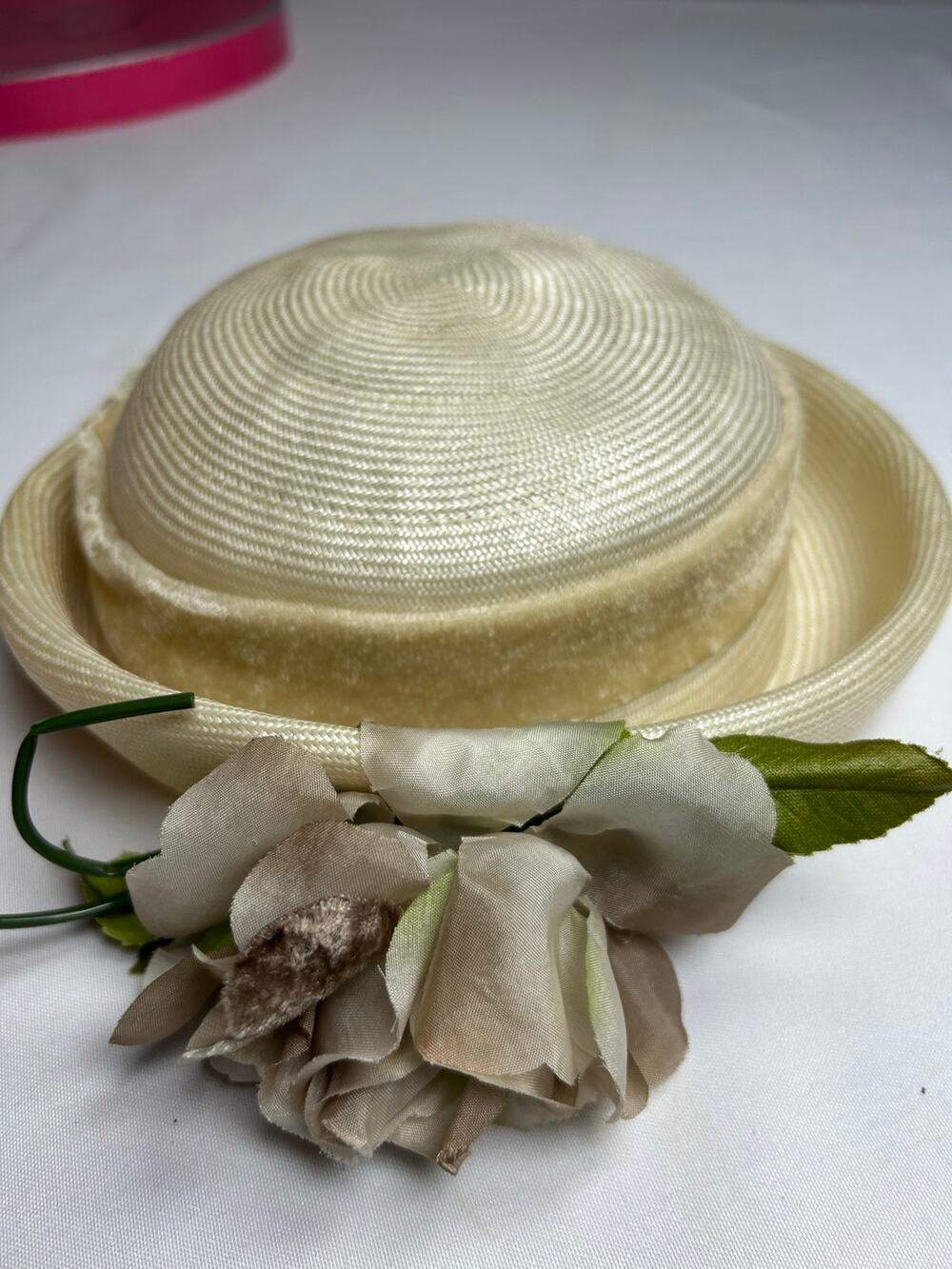 vintage ivory straw boater women’s hat velvet trim and floral embellishments.